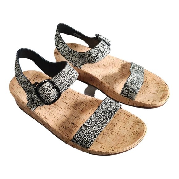 Fitflop Sandals Black White 10 Leather Open Toe Ankle Strap Cork Platform Wedge - Picture 2 of 8